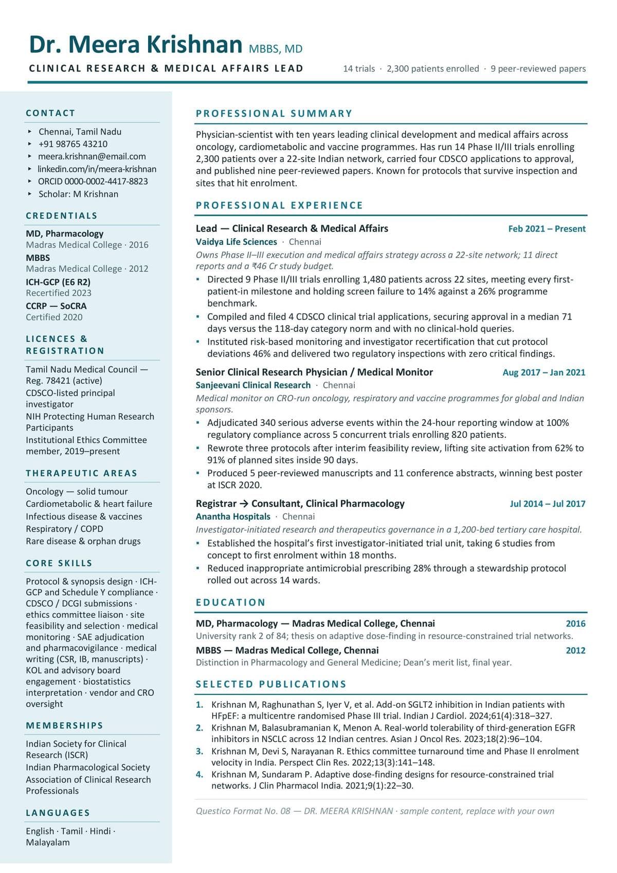 TEAL resume format cover — illustrative sample