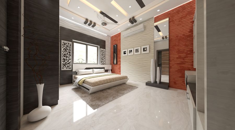 A chic modern bedroom with elegant decor and warm wood furniture in Haldia
