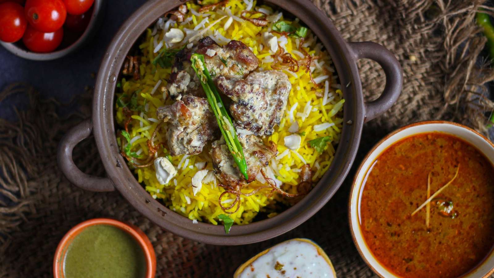 Hyderabadi mutton biryani in a black handi with saffron rice, raita and a bowl of salan
