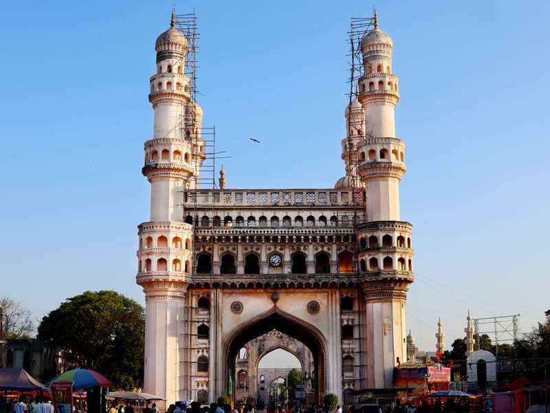 The Charminar monument against a blue sky in Hyderabad