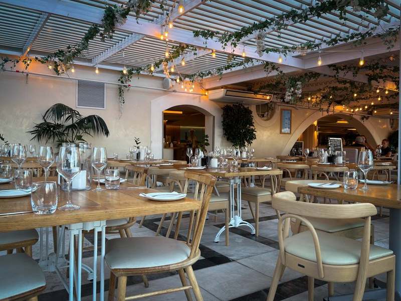 Bright restaurant interior with hanging plants and cane chairs