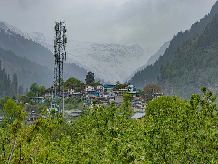Village houses among trees below snow-covered ridges in the Manali valley