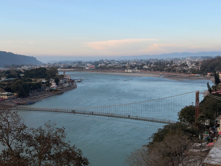 Laxman Jhula bridge stretching across the Ganga at Rishikesh