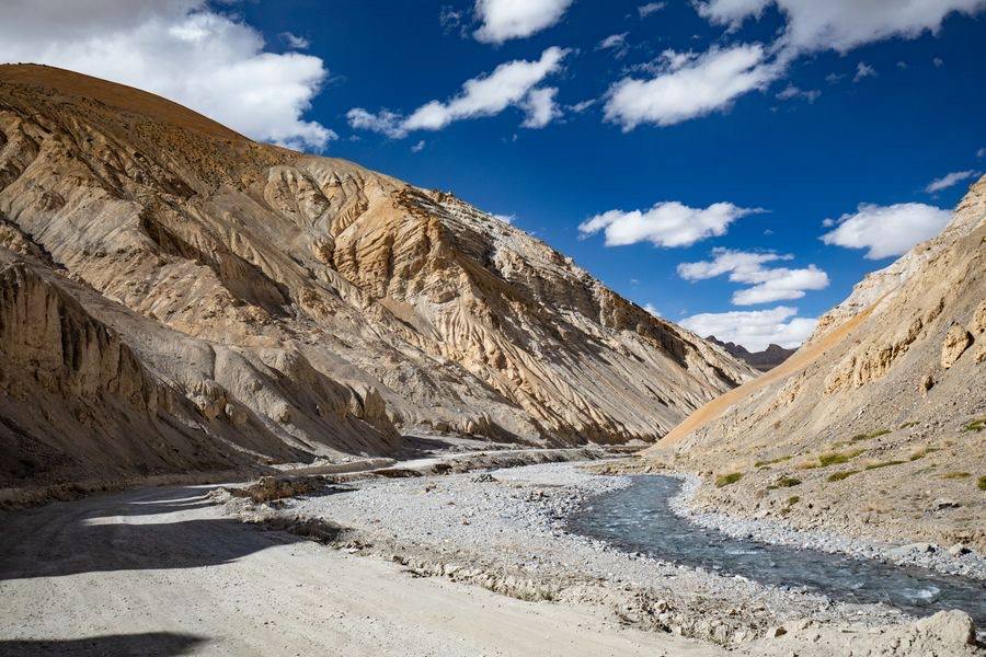 A river winding through the rugged mountain valleys of Ladakh
