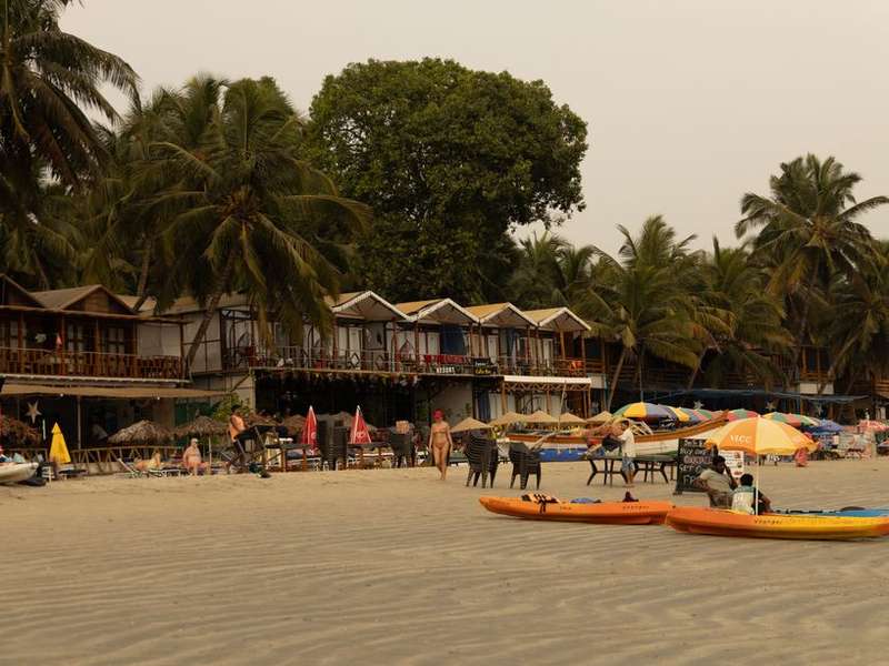 Beach shacks and kayaks under coconut palms on the sand