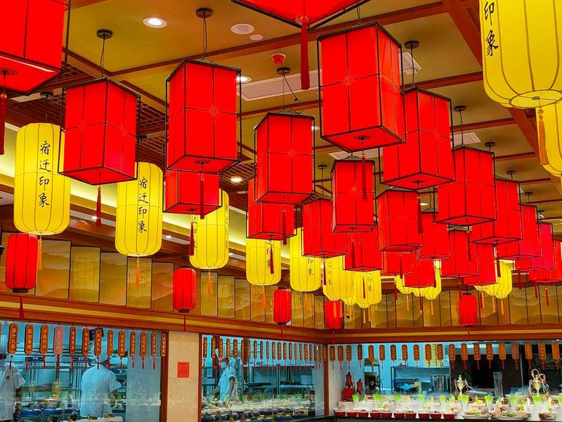 Rows of red Chinese lanterns glowing at night