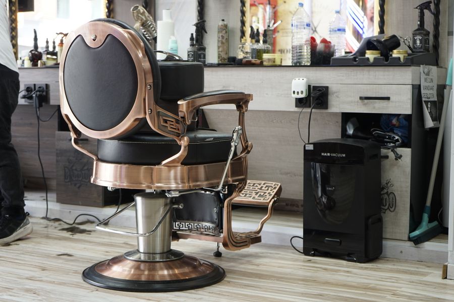 The shop's vintage barber chair and mirror